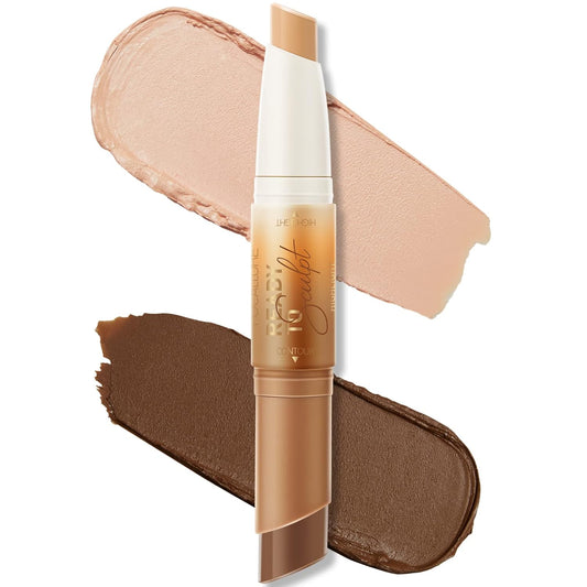 FOCALLURE 2 in 1 Cream Bronzer and Highlighter Stick,Non-greasy & Non-drying Contour Pencil,Easy to Create a Natural Matte Finishing,Long Lasting & Waterproof Face Brighten Make up Pen,TAN