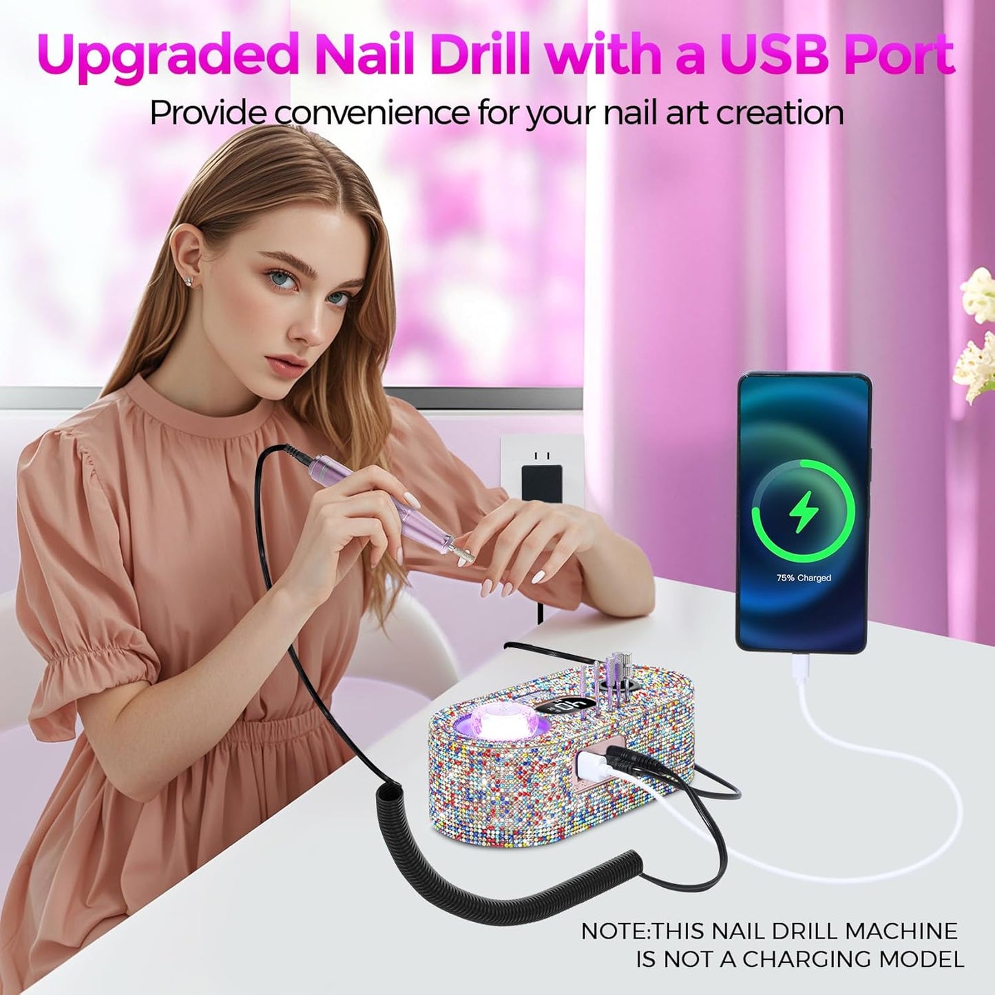 Nail Drill Electric File: DEDNMSCA Sparkly Professional Nail Drill Kit, 40000RPM E-File Machine with 12 Drill Bits for Acrylic Nails Remove Nail Gel Polish Manicure for Salon Home, Colorful Diamond