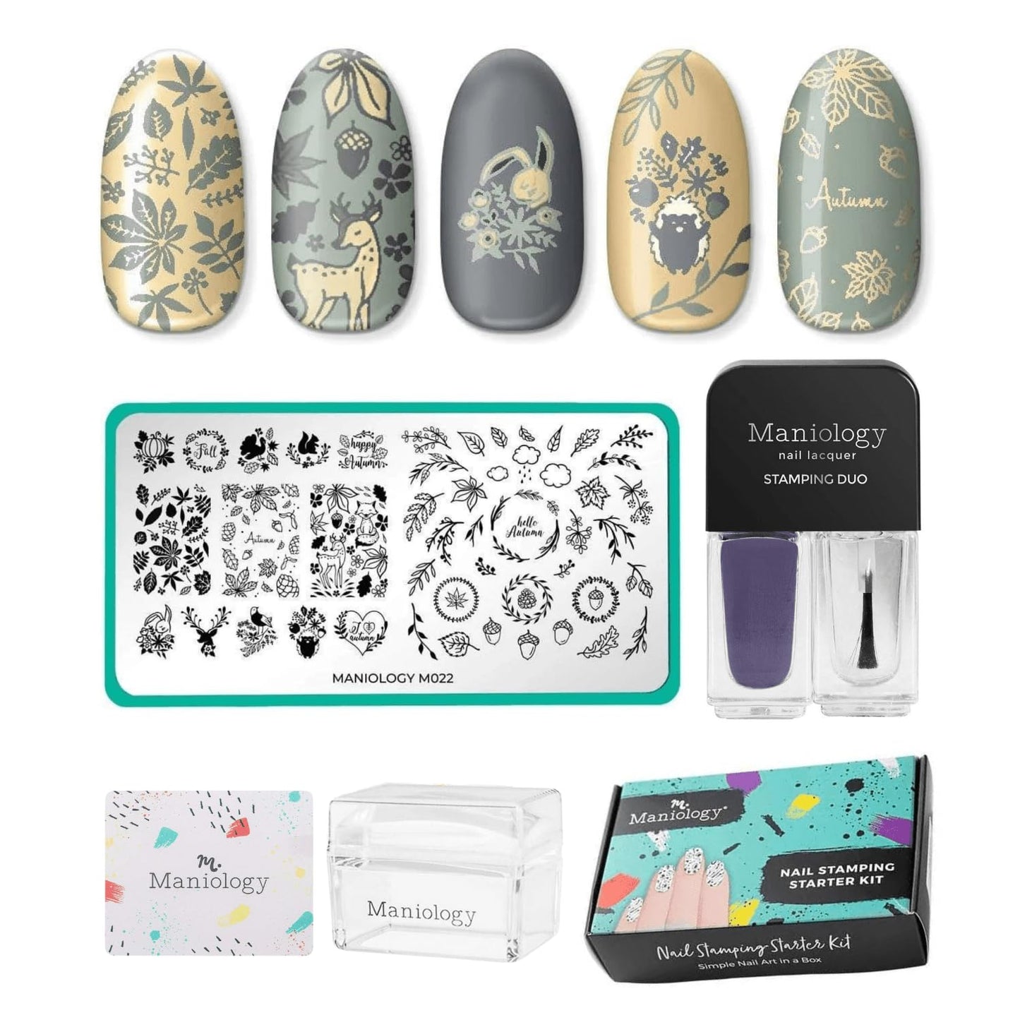 Maniology Friendly Forest Nail Stamping Starter Kit | Autumn Designs with Woodland Creatures, Fall Leaves & Cozy Seasonal DIY Manicures – with Stamping Plate, Polish, Top Coat, Stamper & Scraper Card
