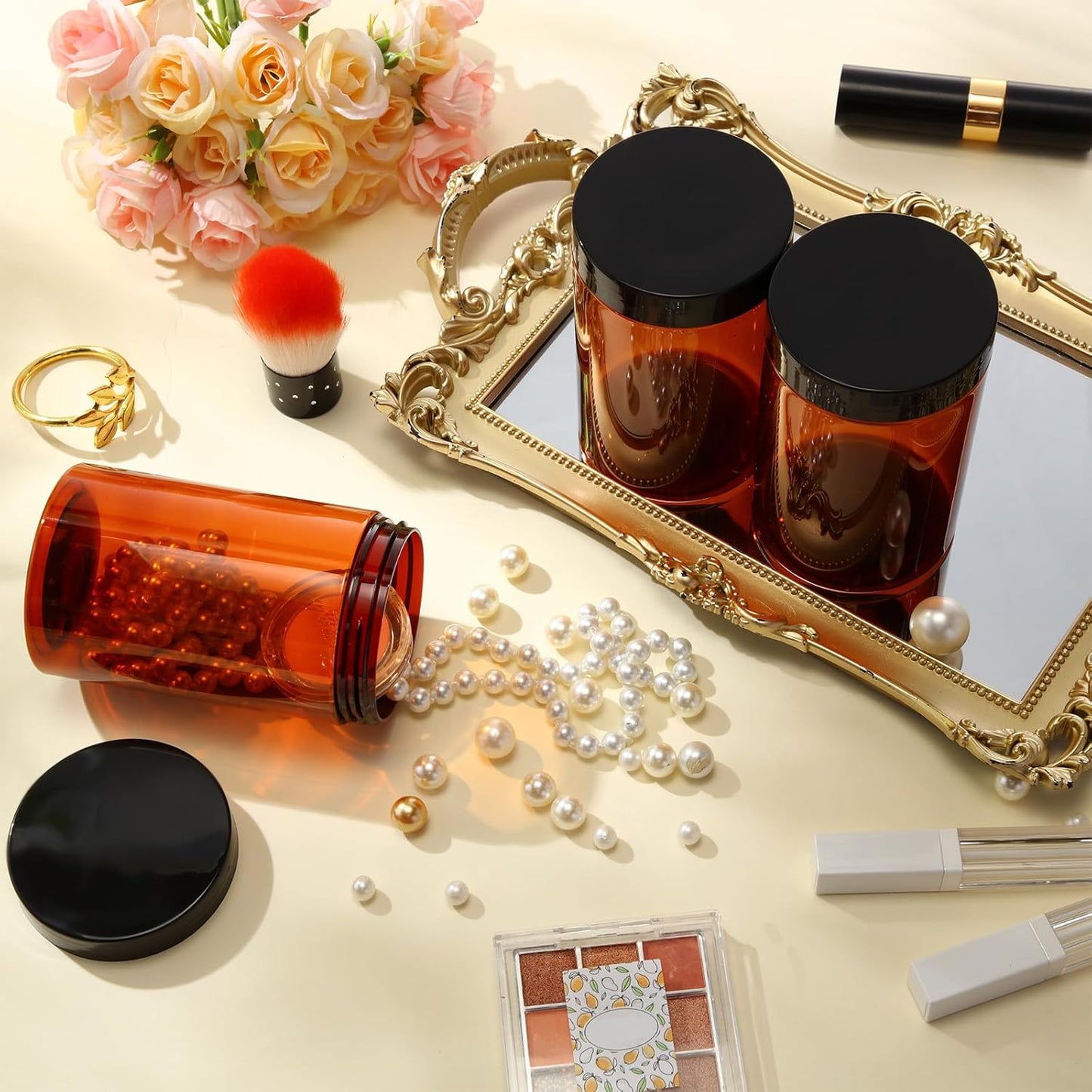 Patelai 4 Pieces Round Wide-mouth Leak Proof Plastic Container Jars with Lids for Travel Storage Makeup Beauty Products Face Creams Oils Salves Ointments DIY Making(12 Ounce,Amber)