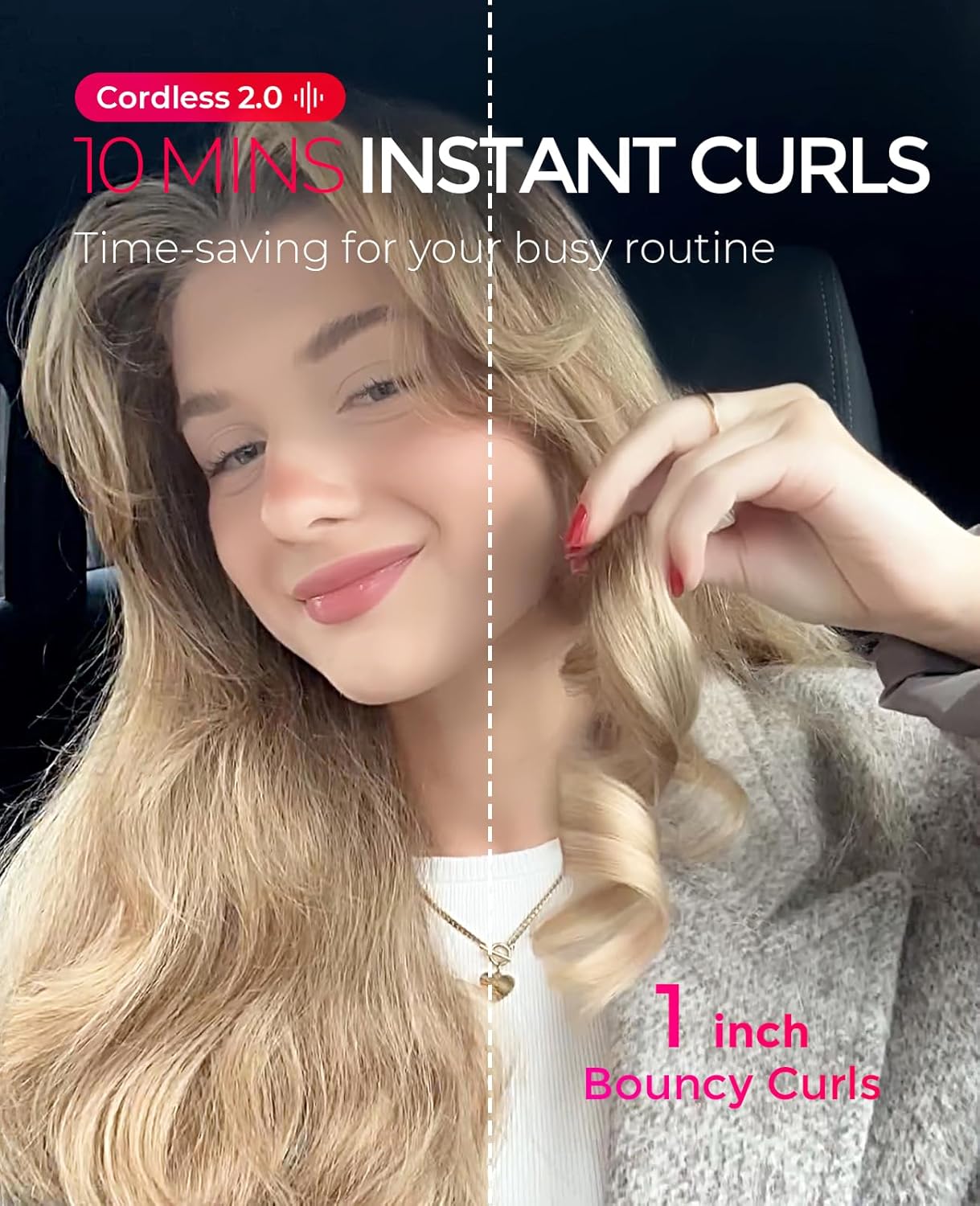 TYMO Cordless Automatic Curling Iron - TYMO CurlGo 1 Inch Beach Waves Rotating Curling Wand, Portable Hair Curlers for Travel, Dual Voltage & Rechargeable Curler for Women, Tangle-Free, Gold Blush