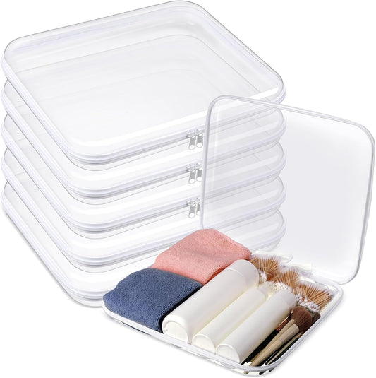Sanwuta 6 Pcs Clear Hard Zipper Case Pencil Pouches Hard Plastic Zipper Pouches Makeup Bag Transparent Cases for Snacks Plastic Storage Organizer Box for Travel(White,13.78 x 11.81 x 2 Inch)