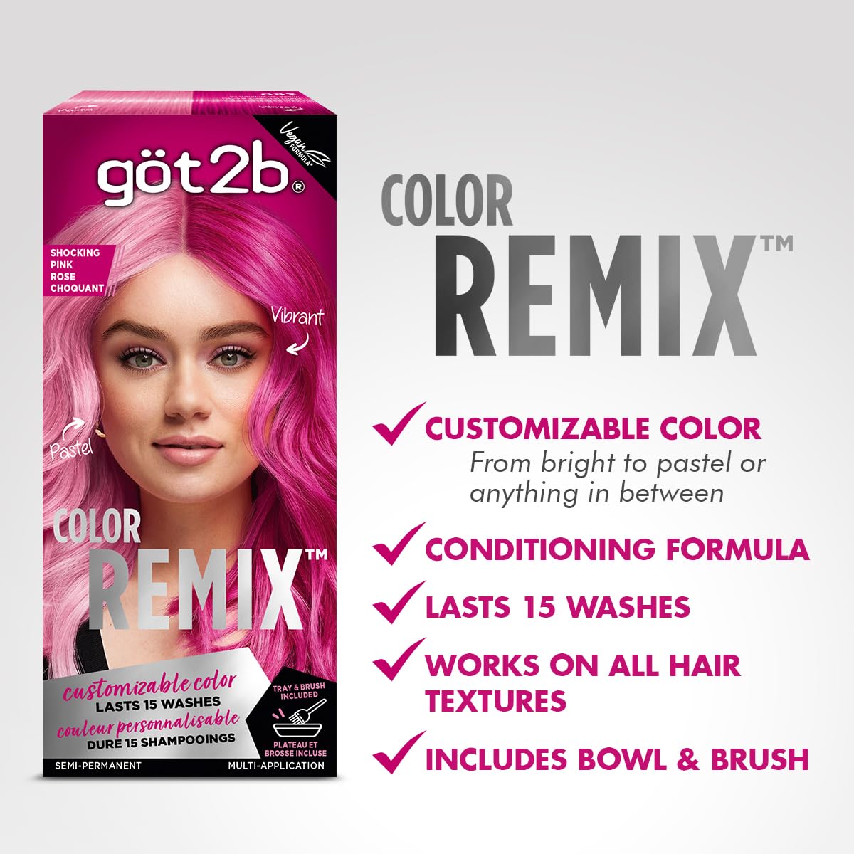 Got2b Color Remix, Customizable Semi-Permanent Hair Color, 093 Shocking Pink