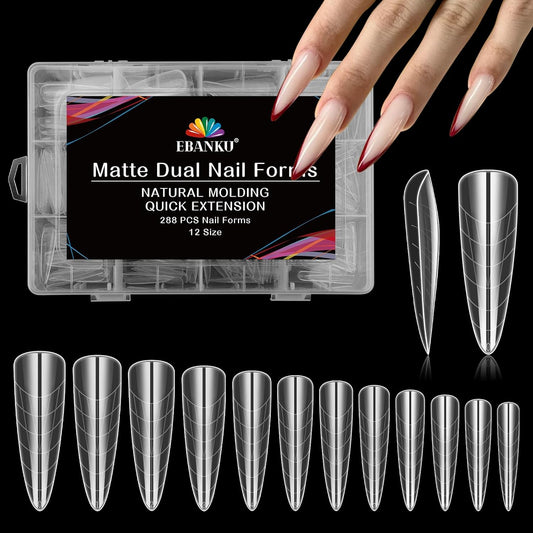 EBANKU Dual Nail Forms for Poly Extension Gel, 288 PCS Nail Forms Reusable Acrylic Nail Molds Sets, 12 Sizes Nail Extension Forms for Builder Gel Manicure Nail Art Design Salon DIY