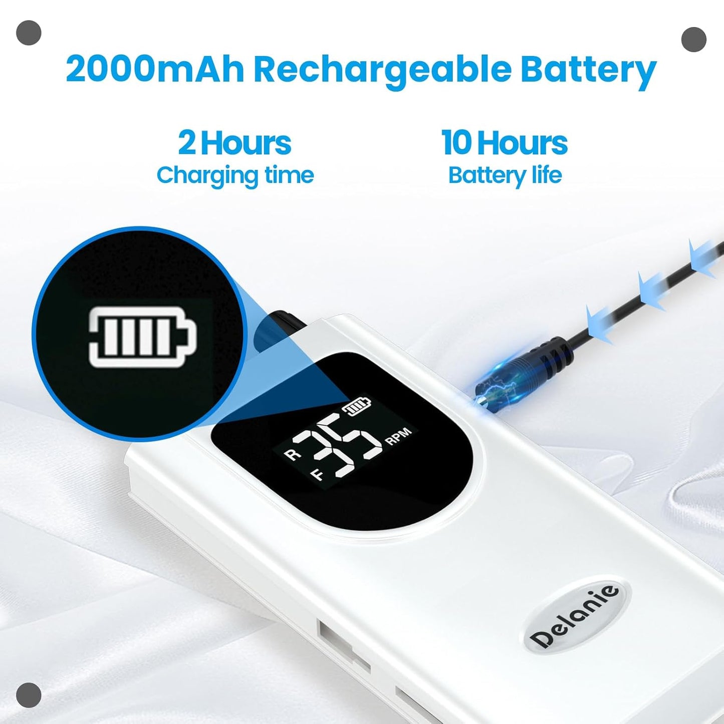 Delanie Professional Nail Drill High Torque 35000 RPM Rechargeable Portable Electric Nail File Filer for Acrylic Gel with Cuticle Bits, Salon Manicure Tool, White