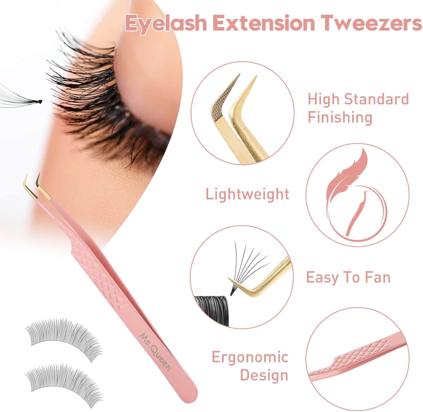 Ms.Queen Lash Extension Tweezers,Diamond Grip 90 Degree False Lashes Tweezers 3D 6D Mink Eyelash Make Fans