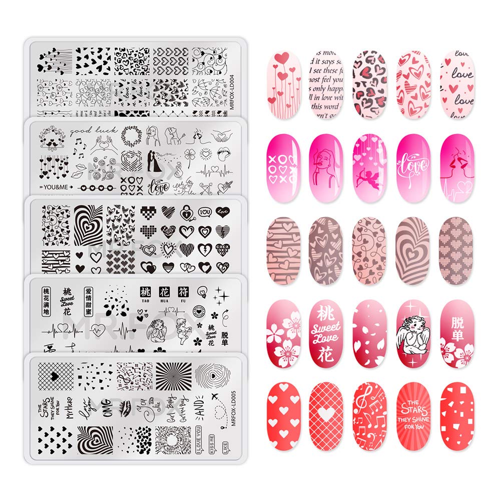 MR.FOX 5 Pcs Nail Print Board Set Valentine's Day Theme Various Hearts Cupid Electrocardiogram Nails Art Stamping Plate