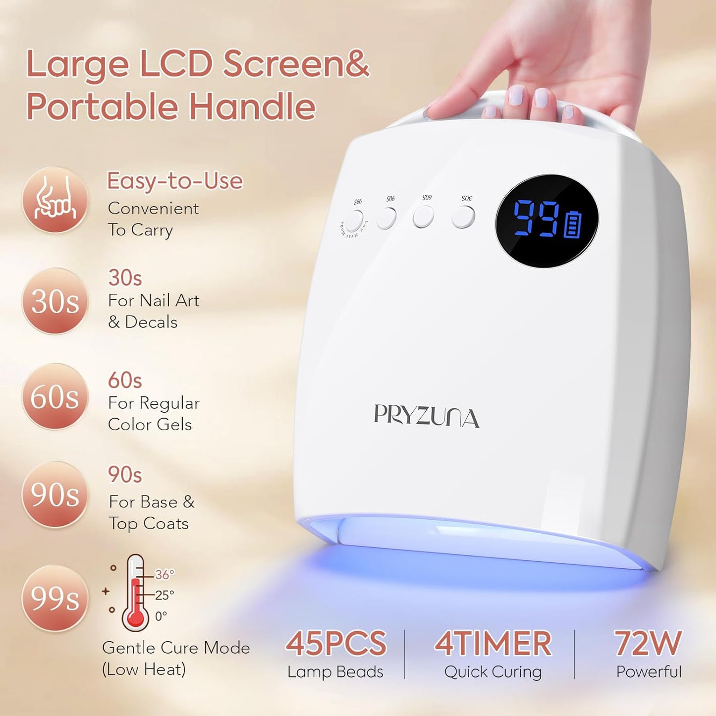 72W Cordless UV LED Nail Lamp, Professional UV Light for Gel Nails, Fast Curing Rechargeable Nail Dryer with 4 Timers, 45 Beads, Smart Sensor, Retractable Foot Stand, Portable Handle for Salon & Home