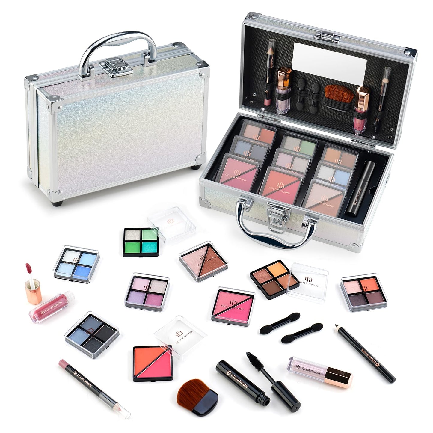 Color Nymph Beginner Makeup Kits For Teens With Train Case Included Full Makeup Kit Eyeshadow Palette Blushes Bronzer Highlighter Lipstick Brushes Mirror (White)