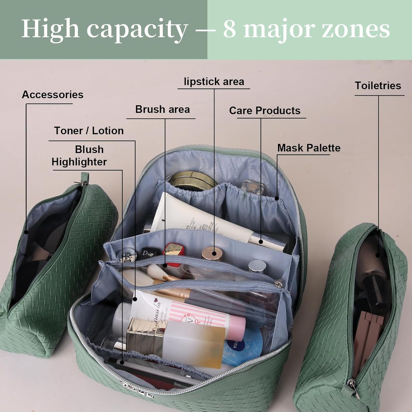 BOYATU Travel Makeup Bags for Women: Large Cosmetic Bag Waterproof - Vegan Leather Make up Bag Set of 3 - Compact Toiletry Organizer with Compartments & Handle & Divider (L05 Grass Green)