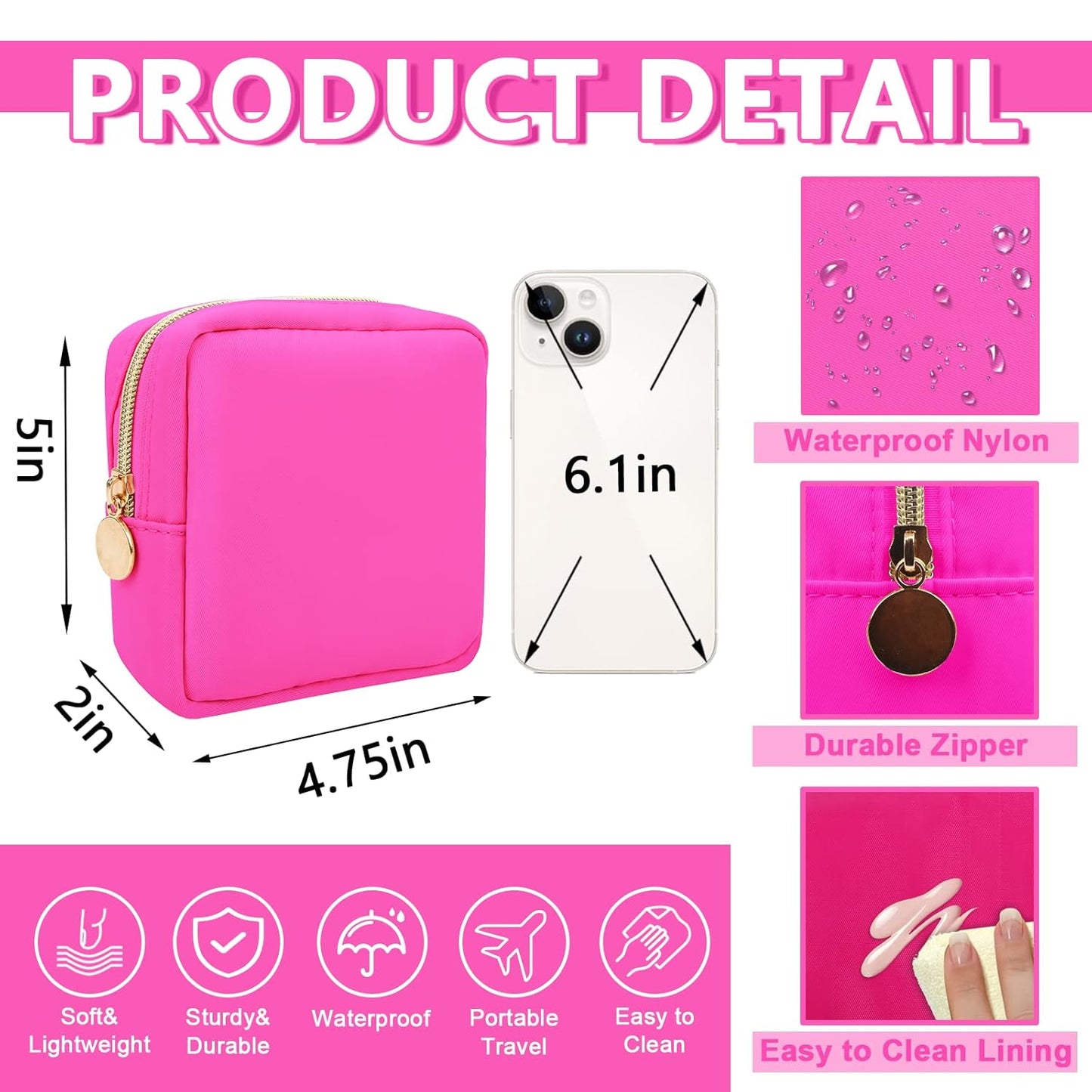 Mini Makeup Pouch for Purse, Small Cosmetic Bag Pouch Nylon Travel Toiletry Organizers for Women Girls, Cute Zipper Pouch Coin Purse Preppy Storage Bag for School Work(Mini-Bubblegum)