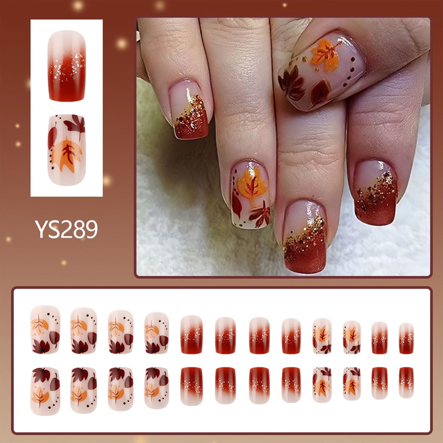 Thanksgiving Press on Nails Fall Maple Leaves Fake Nails Medium Square Acrylic Glue on Nail Glossy Autumn Maple Leaf Stick on Nail for Women DIY Manicure