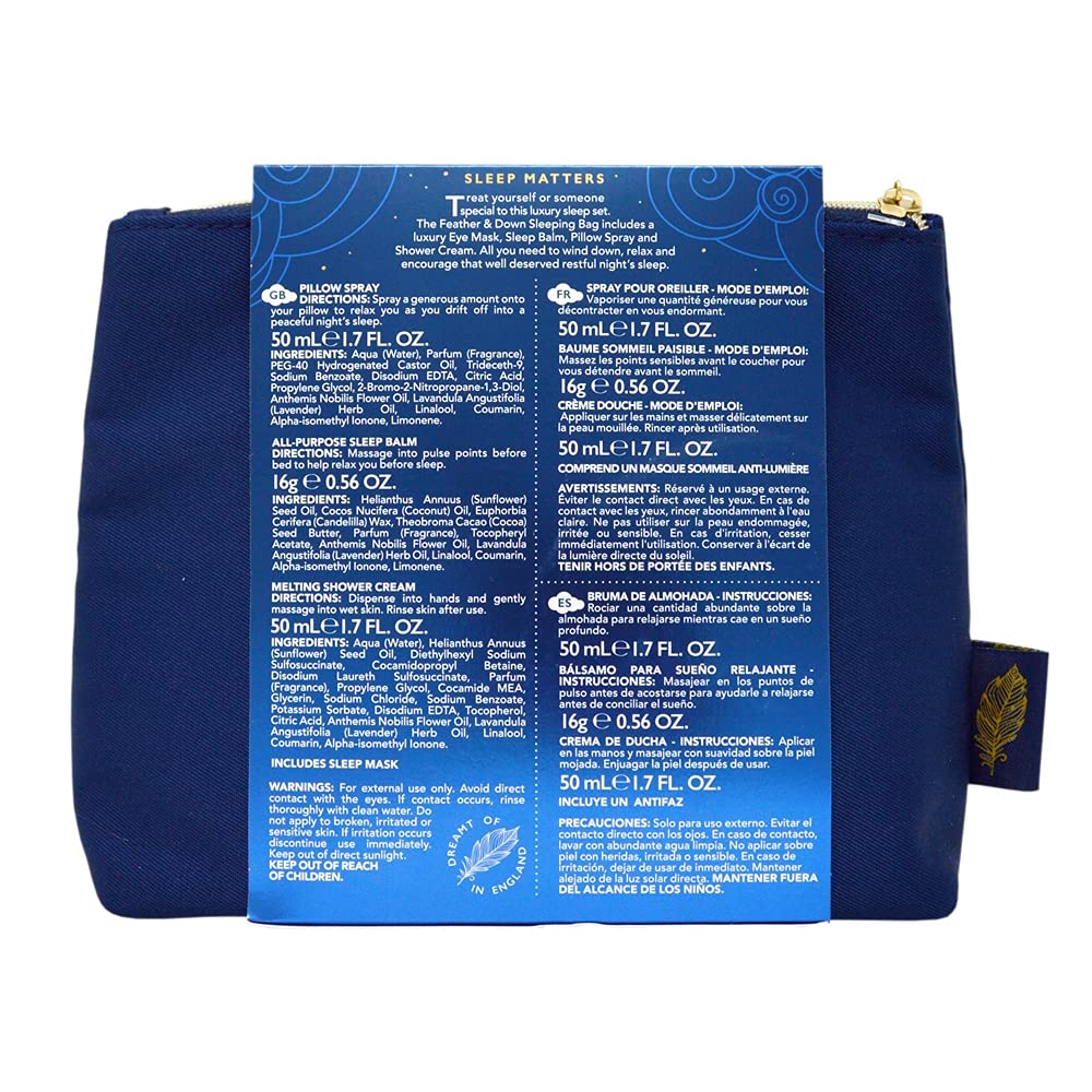 Feather & Down Sleeping Bag Gift Set: Luxury Eye Mask, Sleep Balm, Pillow Spray and Shower Cream, with Calming Lavender & Chamomile Essential Oils, Vegan & Cruelty Free