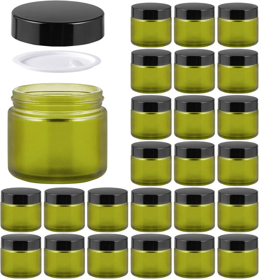 2oz Jars with Lids, HOA Kinh 24 Pack Green Frosted Glass Jars with Lids Empty Cosmetic Containers Round Airtight Glass Jar with Black Lids for Storing Lotions Powders Ointments
