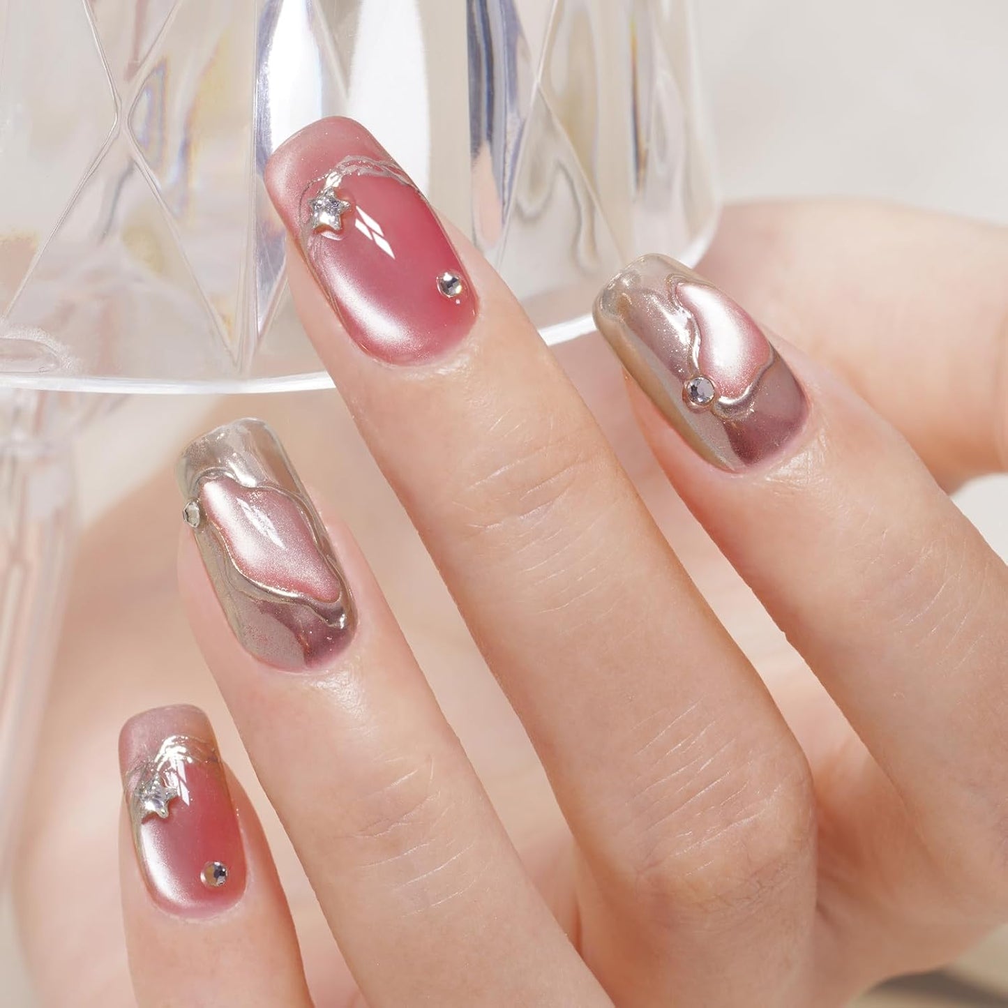 AILLSA Glass Cat Eye Gel Nail Polish, 15ml Pink Glitter Jelly Sheer Gel Polish, Translucent Magnetic Shimmer Sparkle Nail Art U V Salon 0.5 OZ GF35