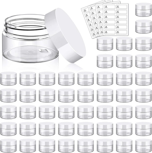 TUZAZO 48 Pack 1 Oz Small Plastic Container Jars with Lids and Labels BPA Free, Empty Round Clear Cosmetic Containers Plastic Slime Jars for Lotion, Cream, Ointments, Samples, Travel Storage (48)