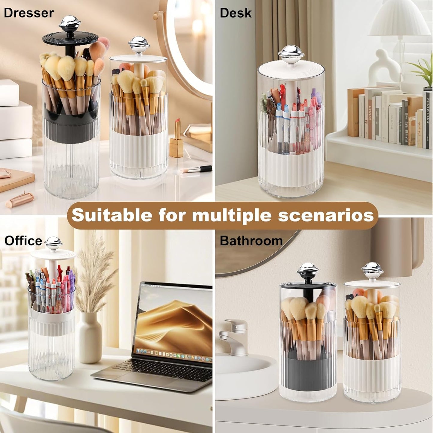 DASITON Makeup Brush Holder with Lid, Automatic Lifting Makeup Organizer for Vanity, 4 Slots Clear Makeup Brush Organizer, Dustproof Cosmetic Brushes Storage for Bathroom, Desktop, Office (Black)