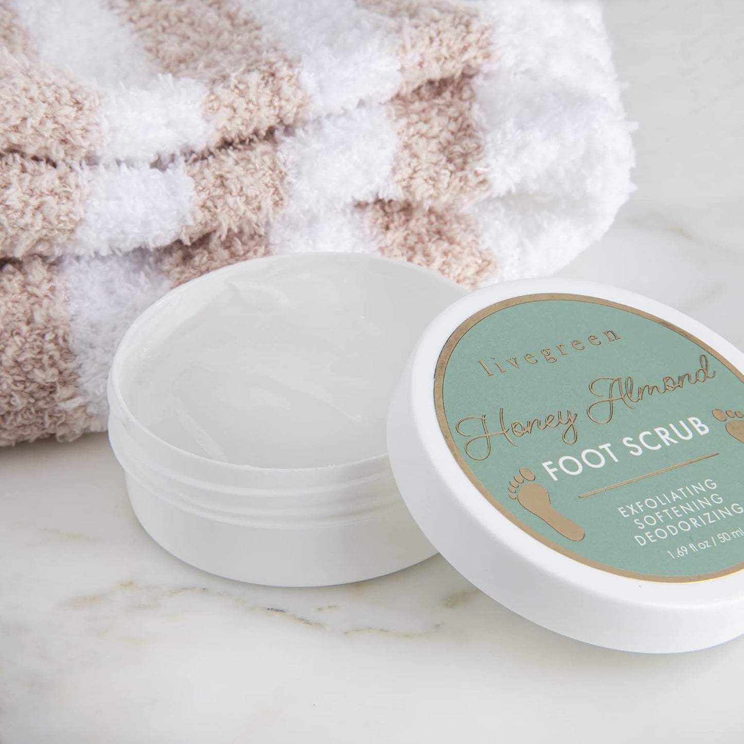 Live Green Bath and Body Set- Foot Spa Set with Fuzzy Socks, Lotion, and Scrub (Honey Almond)