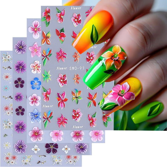 4 Sheets Flower Nail Art Stickers 3D Self-Adhesive Blossom Nails Sticker Spring Nail Art Decals Holographic Daisy Nails Decal Decoration for Women Colorful Flowers Manicure DIY Nail Supplies