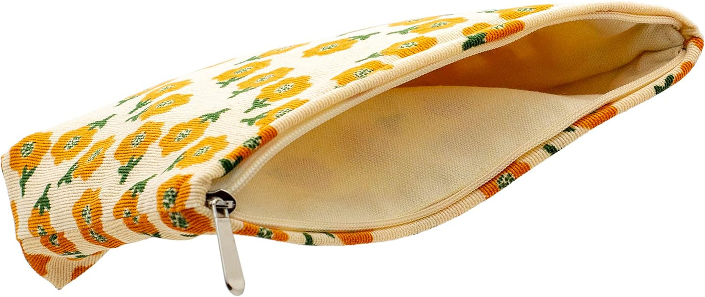 PAZIMIIK Makeup Bag Large Zipper Corduroy Make Up Pouch for Purse Travel Canvas Cosmetic Organizer for Women Brush Storage,Flower Yellow