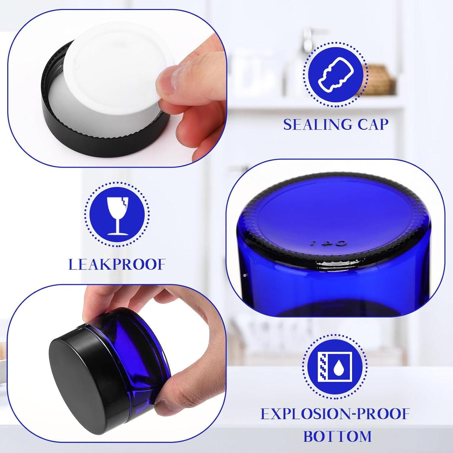 Domensi 100 Pcs 1 oz Glass Jars with Lids Bulk Round Glass Cosmetic Jars Lids 1 oz Small Travel Containers with Inner Liner for Lotions Powders Ointments Sample Cream(Cobalt Blue, Black)