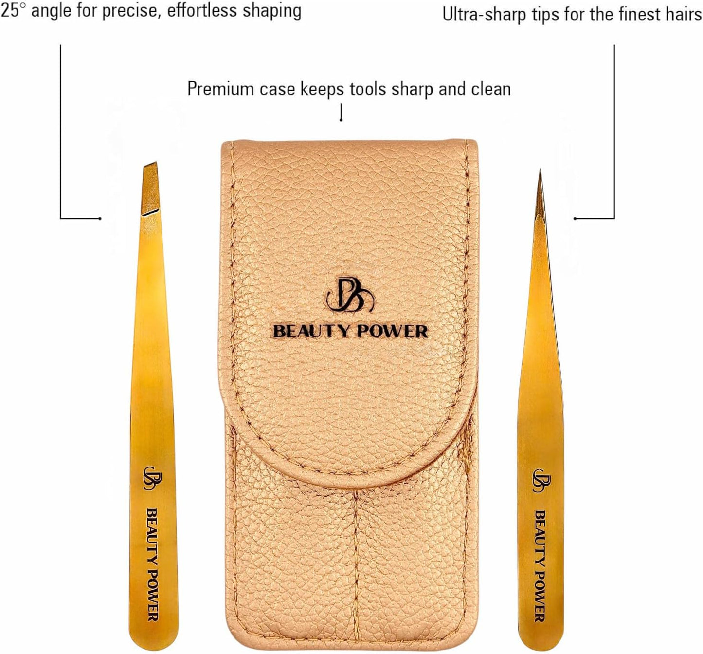 Professional Tweezers Set – Slant & Point, Ultra Precision German Stainless Steel Tweezers for Eyebrows, Chin, Ingrown Hair & Facial Grooming – Lightweight with Travel Case (Matte Gold)