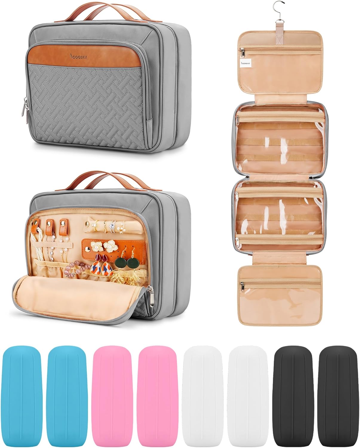 Travel Hanging Toiletry Bag for Women and Men, with 8 Leak Proofing Silicone Bottle Covers, Waterproof Makeup Accessories, Cosmetic Essentials, Toiletries Dopp Kit Set with Jewelry Organizer, Grey