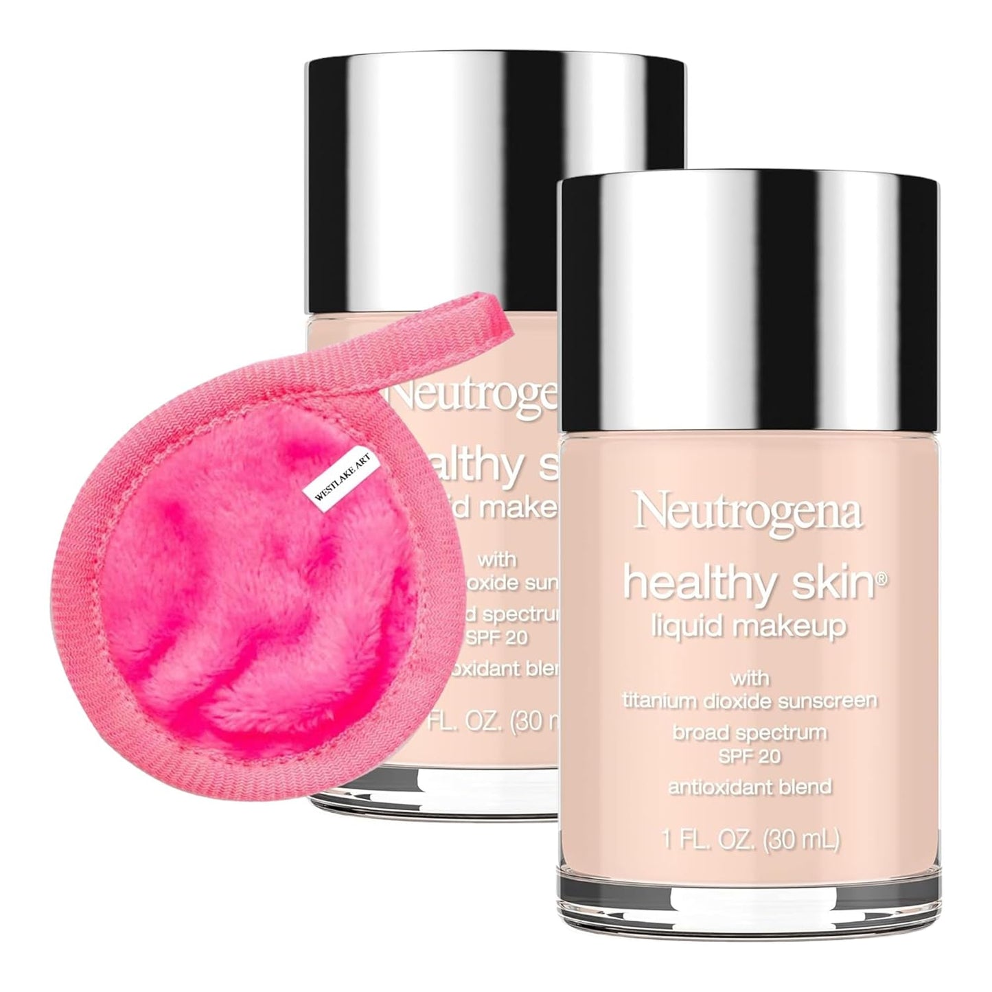 Foundation Liquid Makeup | Bundled With Makeup Cleansing Cloth - Foundation Natural, Broad Spectrum Spf 20, Infused With Vitamin E & Feverfew [Pack Of 2]