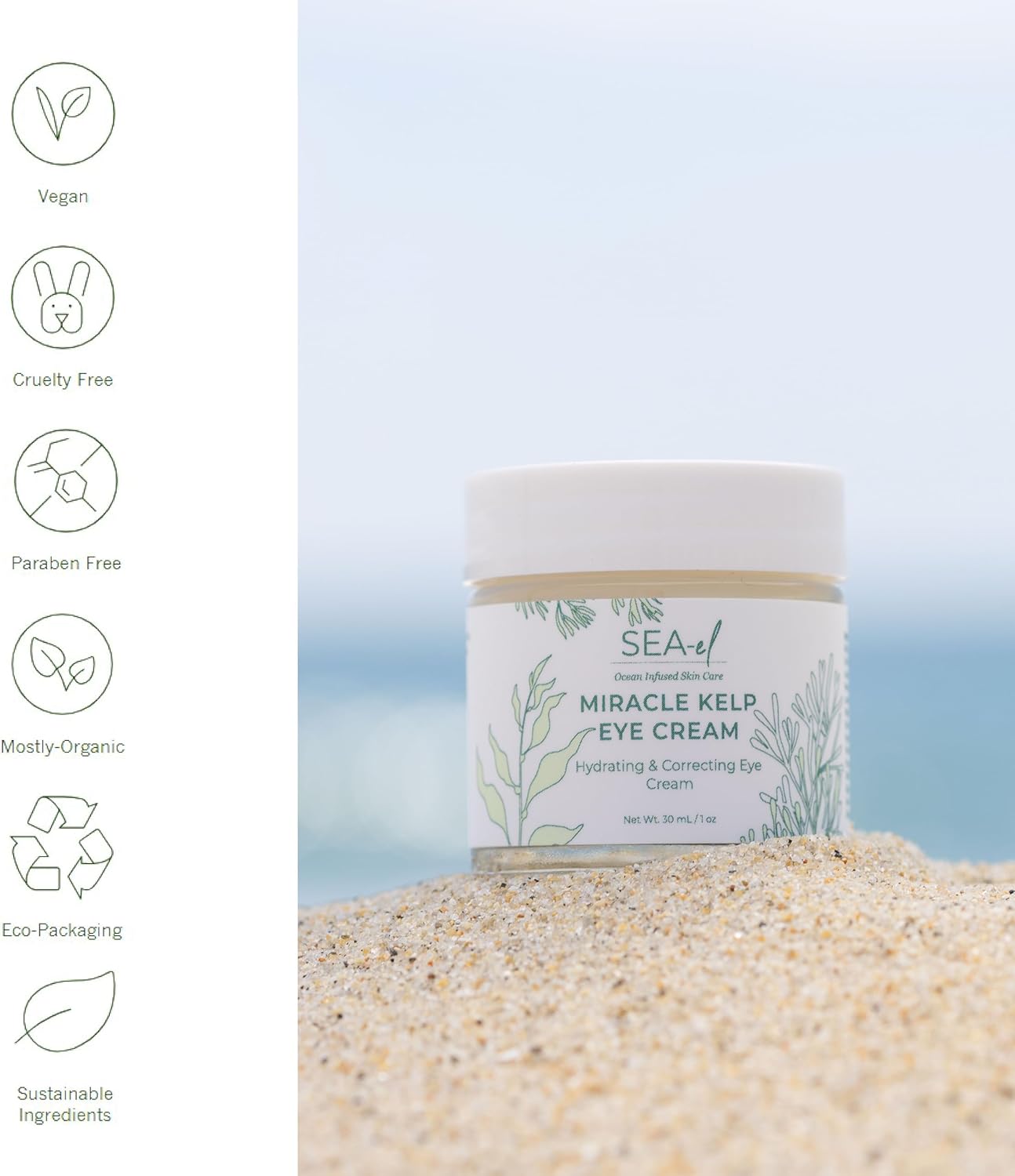 Miracle Sea Kelp Eye Cream Hydrating & Correcting Yerba Mate Caffeine & Hyaluronic Acid for Dark Circles Bags & Puffiness - Daily Anti Aging Moisturizer for Women & Men, Vegan - 1 Oz