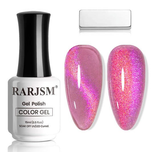 RARJSM Rose Pink Aurora Cat Eye Gel Nail Polish Multichrome Color Glitter Fuchsia Candy Glass Diamond Cat Eye Gel Polish with Magnet Stick Soak off UV LED Curing Requires Home Salon Diy Nail Art