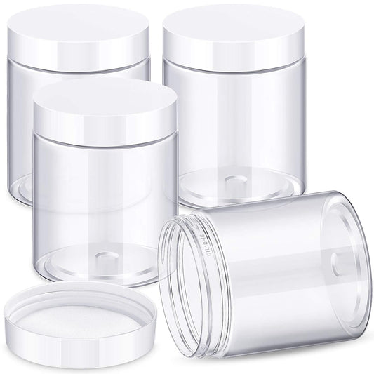 Patelai 4 Pieces Round Wide-mouth Leak Proof Plastic Container Jars with Lids for Travel Storage Makeup Beauty Products Face Creams Oils Salves Ointments DIY Making(10 Ounce,White)