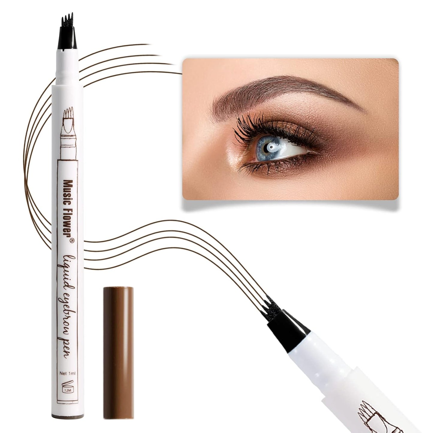 Music Flower Eyebrow Pen, Liquid Eyebrow Pen, Waterproof Brow Pencil with Micro-Fork Tip, Smudgeproof Long Lasting Fine Sketch Microblading Pen, Reddish Brown