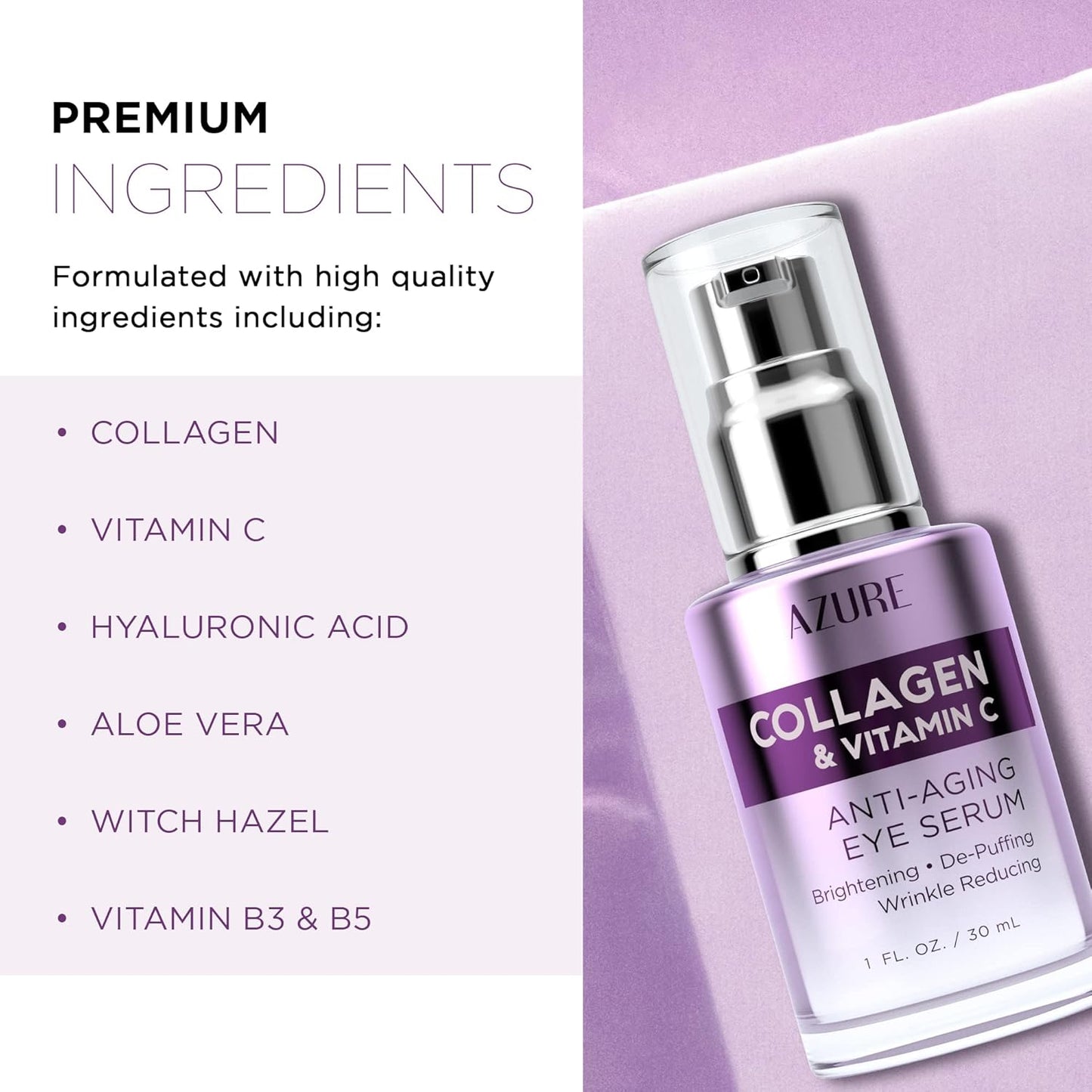 AZURE Collagen & Vitamin C Anti Aging Eye Serum - Toning, De-Puffing & Brightening Serum - Reduces Wrinkles, Fine Lines & Dark Circles - Minimizes Fatigue - Skin Care Made in Korea - 30mL / 1 fl.oz.