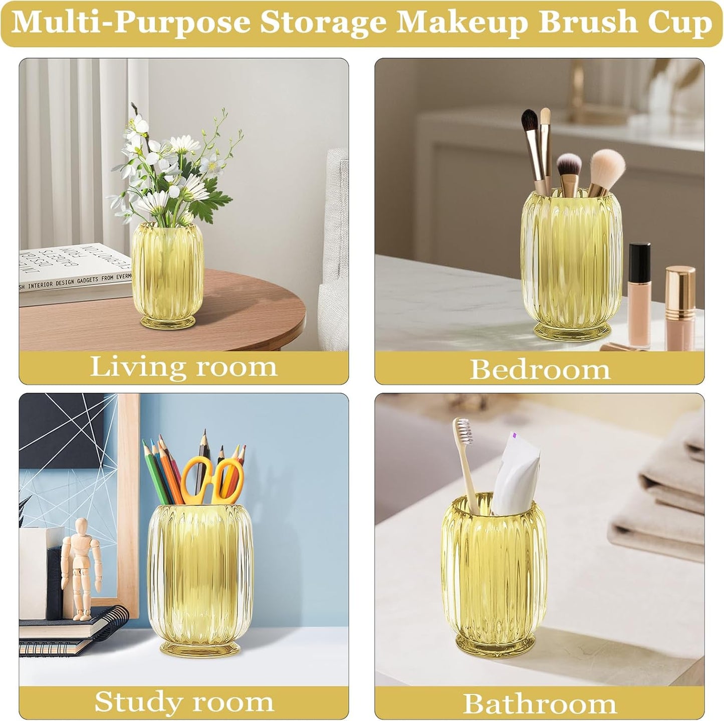 Makeup Brush Holder, Thick Glass Makeup Brush Organizer Cup, 4.8" Tall for Vanity Hair Brush Holder Brushes Storage, Makeup Brush Holder Organizer organizador de brochas de maquillaje Crystal Amber