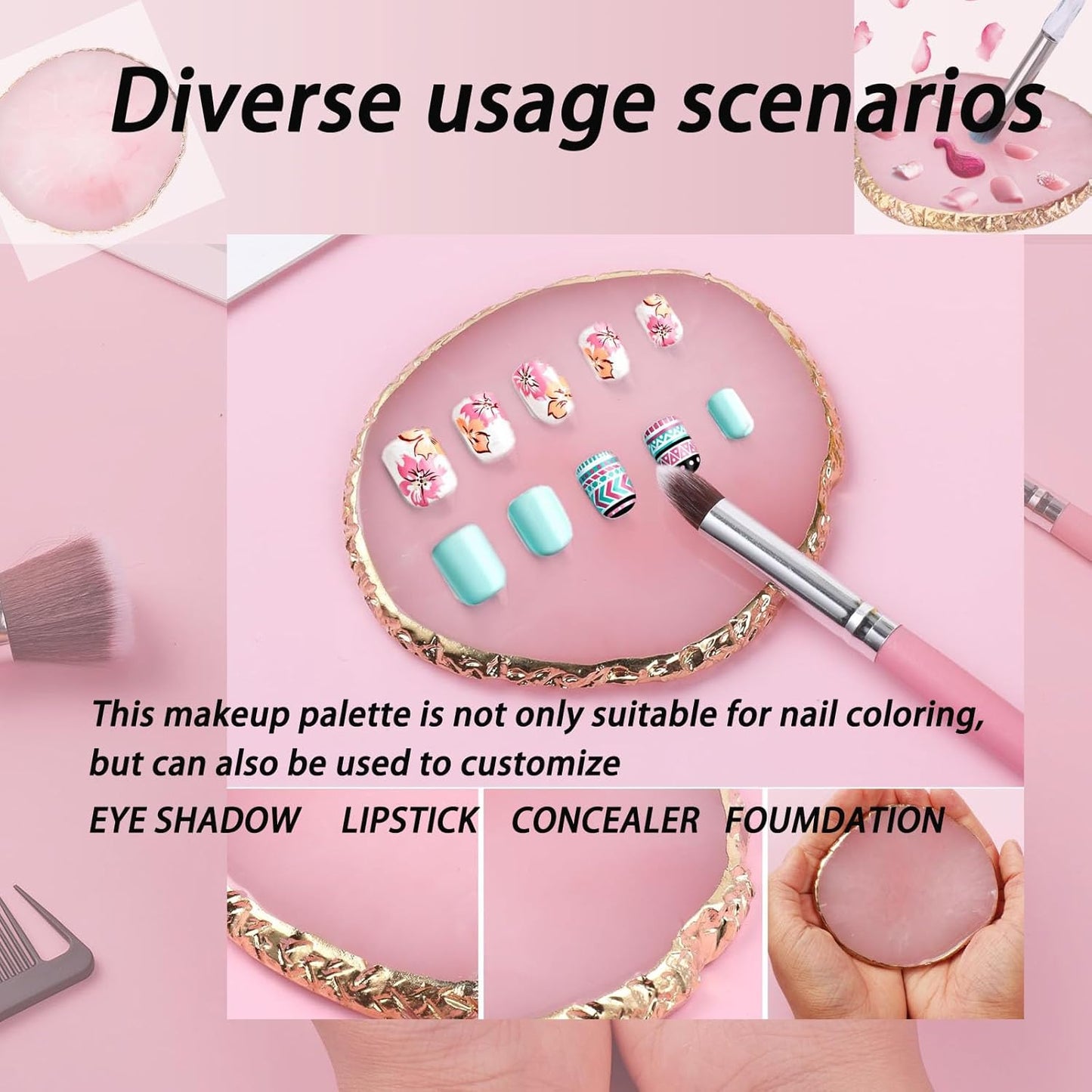 Makeup Palette Tray, Nail Tech Bag, Resin Nail Art Palette Makeup Mixing Palette Gold Edge Nail Art Tools Gel Design Nail Tray DIY, Mixing Palette, Nail Palette (3.86 x 3.43inch Pink)