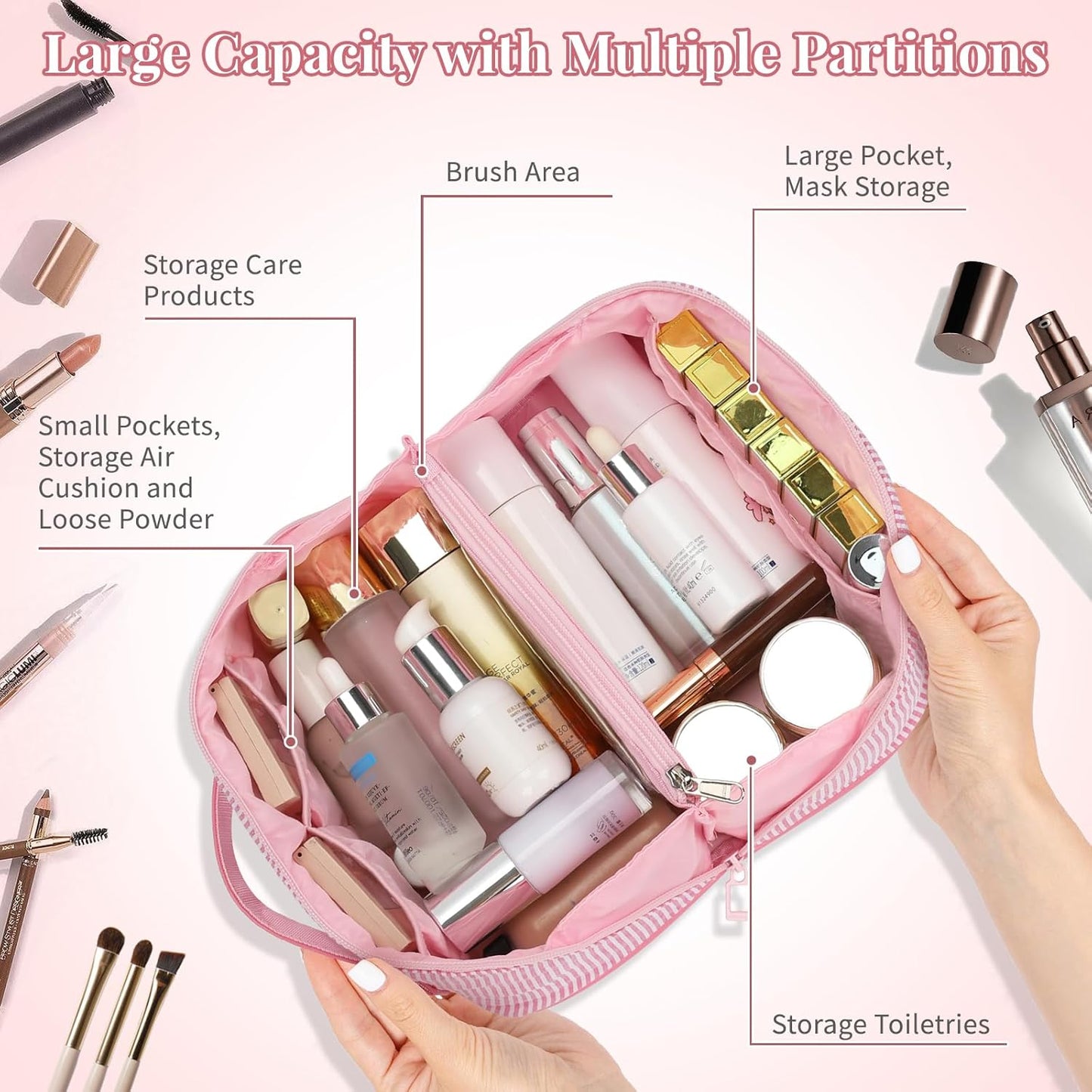 Travel Makeup Bag for Women, 2Pcs Portable Personalized Initial Makeup Organizer Bag, Open Flat Large Cosmetic Bag With Travel Essential Pouch (Pink Letter B)