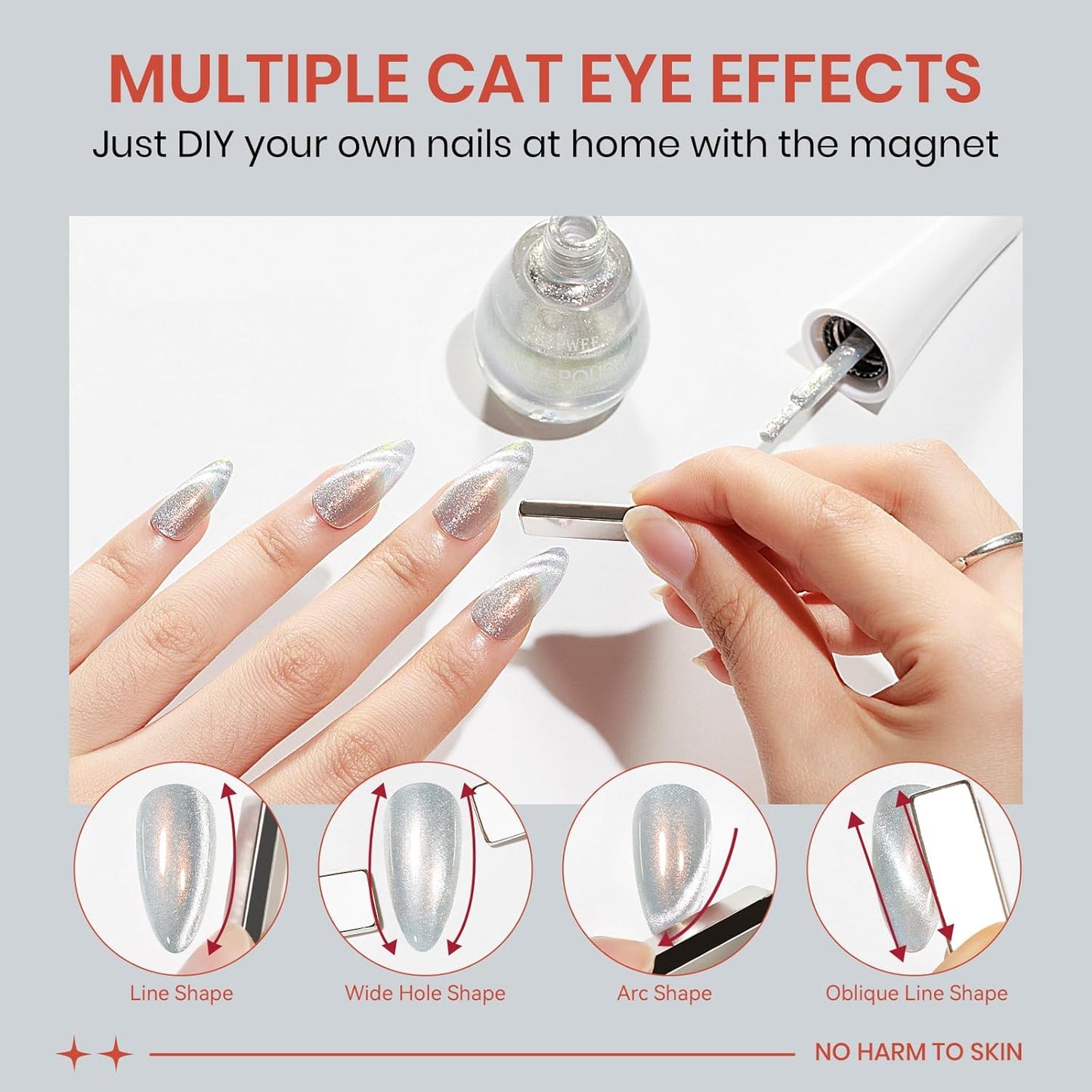 Aurora Silver Magnetic Nail Polish Non Gel with Magnet Quick Dry Cat Eye Nail Polish for Fingernail Air Drying Fast Lacquer Manicure Gift For Women Girls 16ml, 0.54fl oz