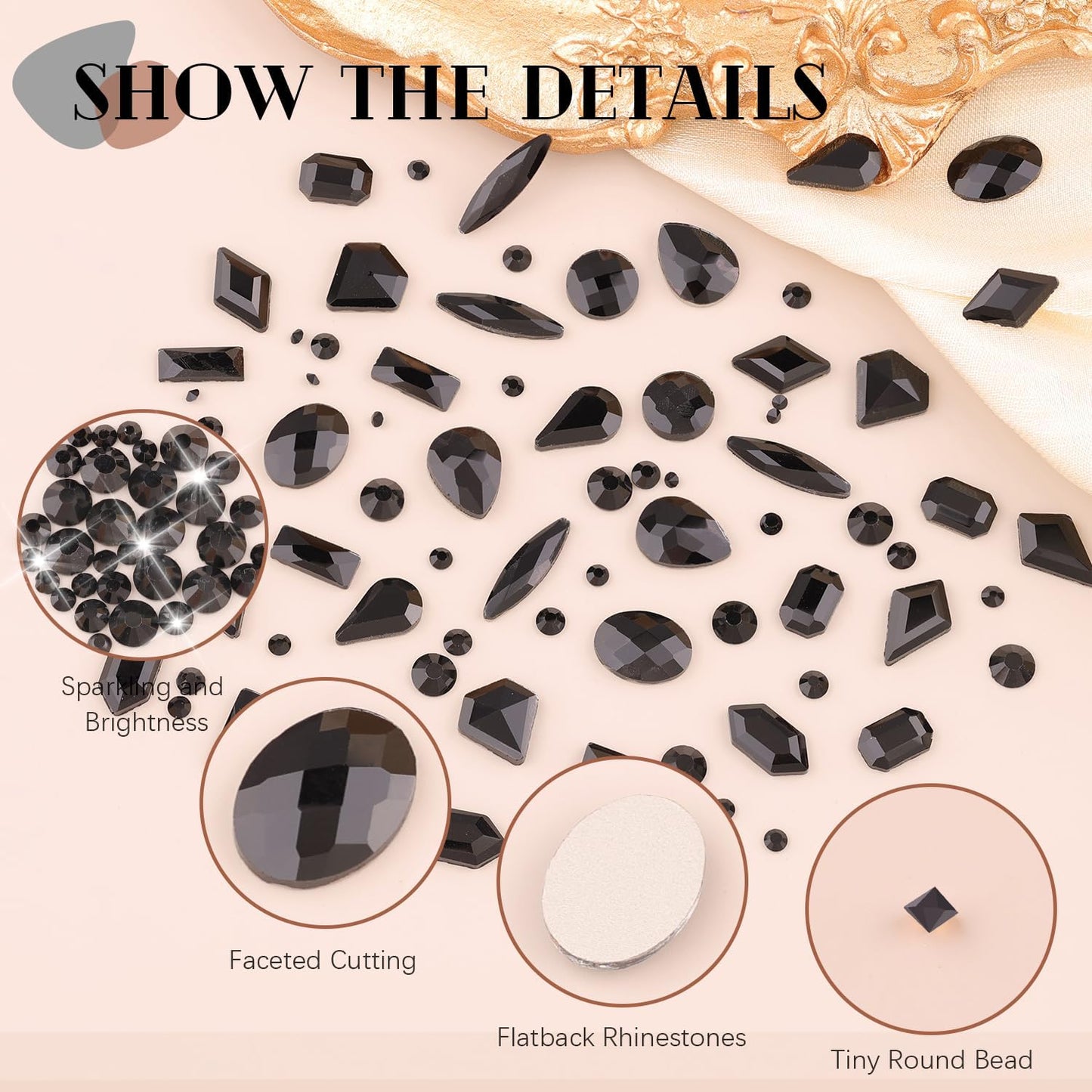 2630Pcs Black Glass Nail Rhinestones: 120Pcs Multi Shapes + 2510Pcs 1.5-4mm Round, Nail Art, Manicure, Craft Beads