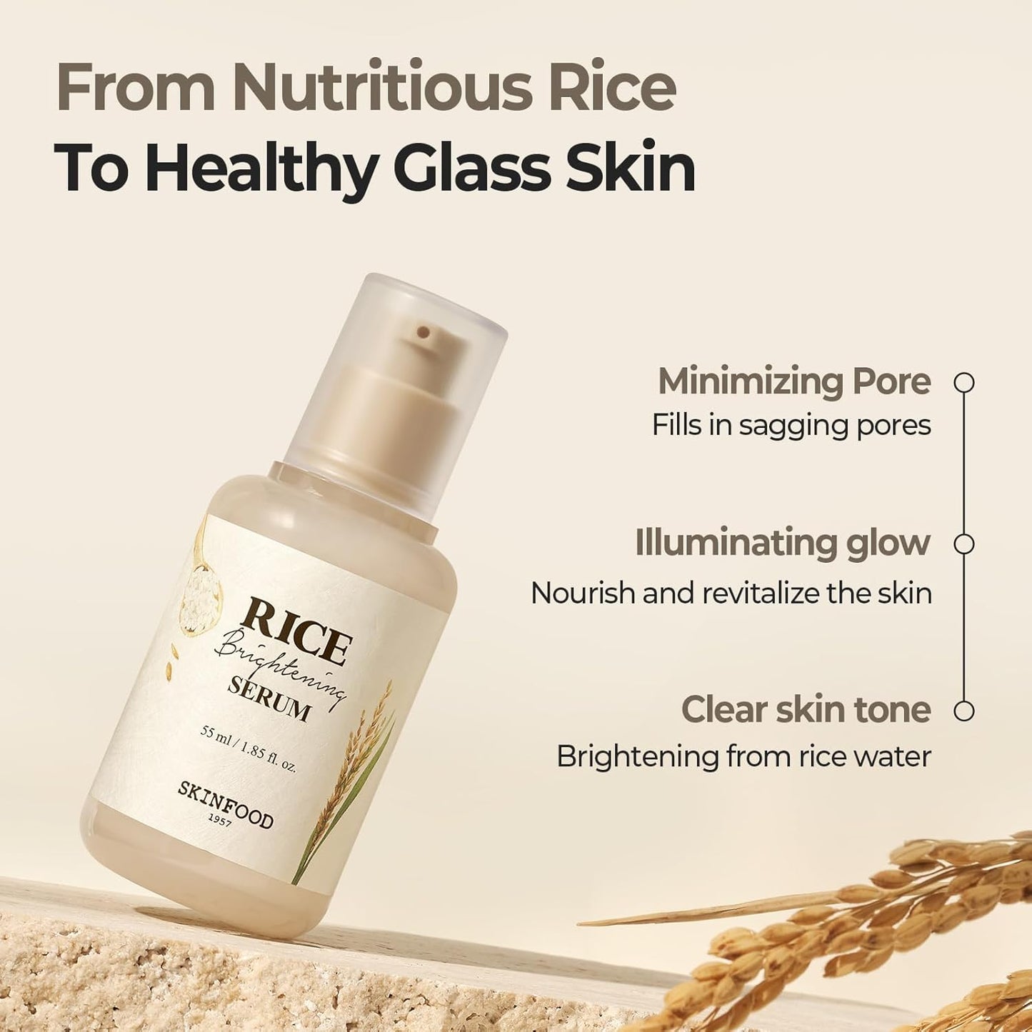 SKINFOOD Rice Daily Serum, Korean Skincare Facial Essence for Glow Glass Skin, Fermented Natural Rice Water Milk for Face, Pore Minimizing, Deep Hydrating, Dark Spot Correcting, 55ml/1.86fl.oz.