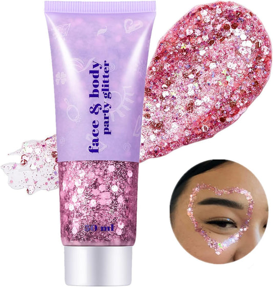 Go Ho Pink Face Body Glitter Gel,Singer Concerts Pink Face Paint Makeup Holographic Chunky Sequins Glitters for Lip/Hair/Nails,Music Disco Outfit for Woman,Festival Rave Accessories,52g