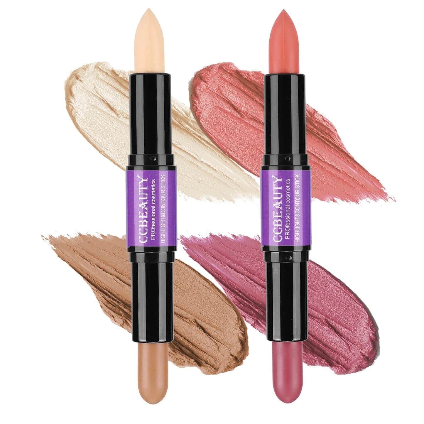 CCbeauty 2pcs 2-IN-1 Matte Contour Highlighter Stick with Blush,Cream Dual-End Highlight Bronzer Concealer & Blusher for Cheeks & Lip, Long Lasting Contouring for Face Shaping Makeup, Light-Medium