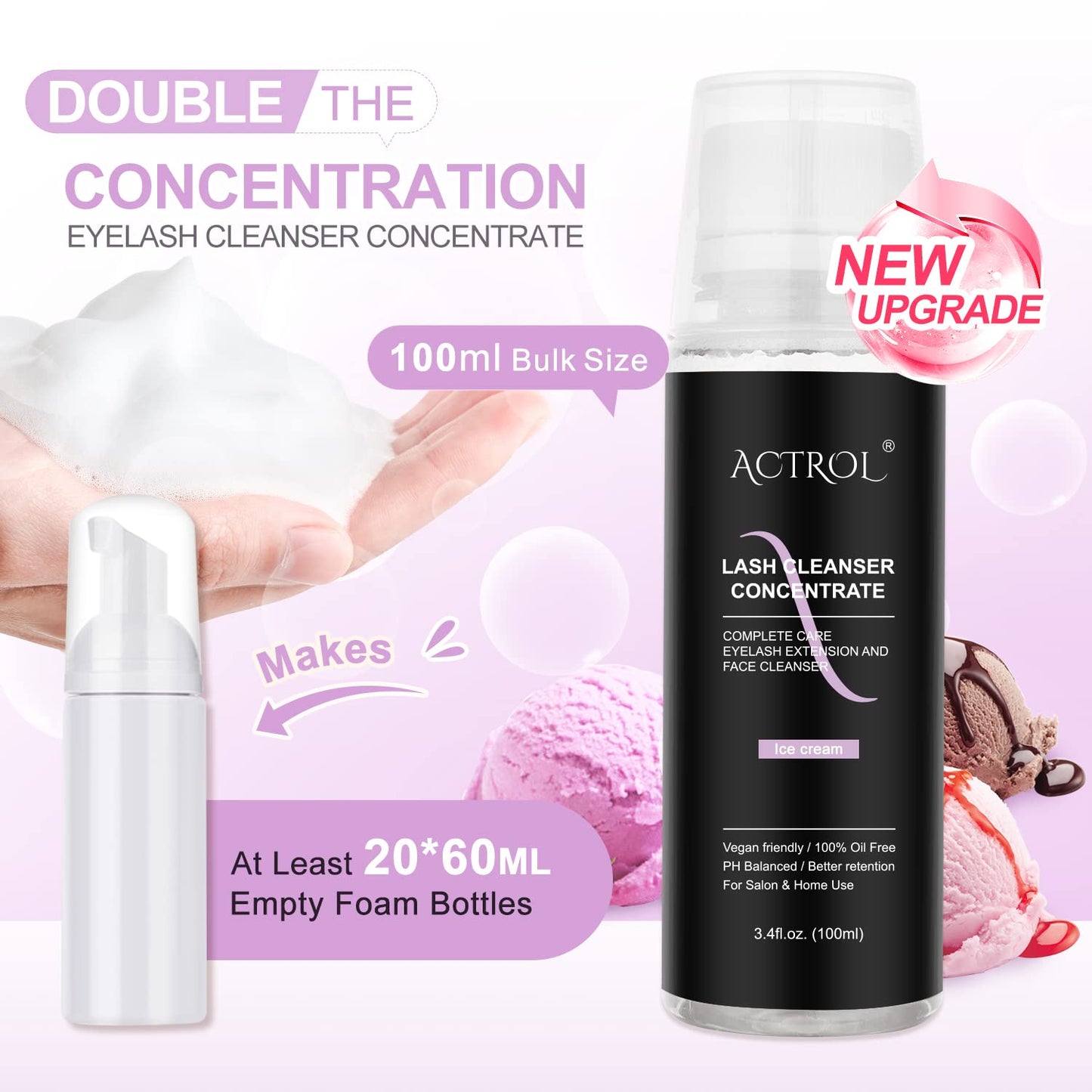 Eyelash Cleanser Concentrate 100ml Ice Cream Professional Lash Shampoo Foaming Cleanser DIY Paraben & Sulfate Free Non-lrritating Wash for Extensions Lashes with Salon Care-Makes 20 Bottles