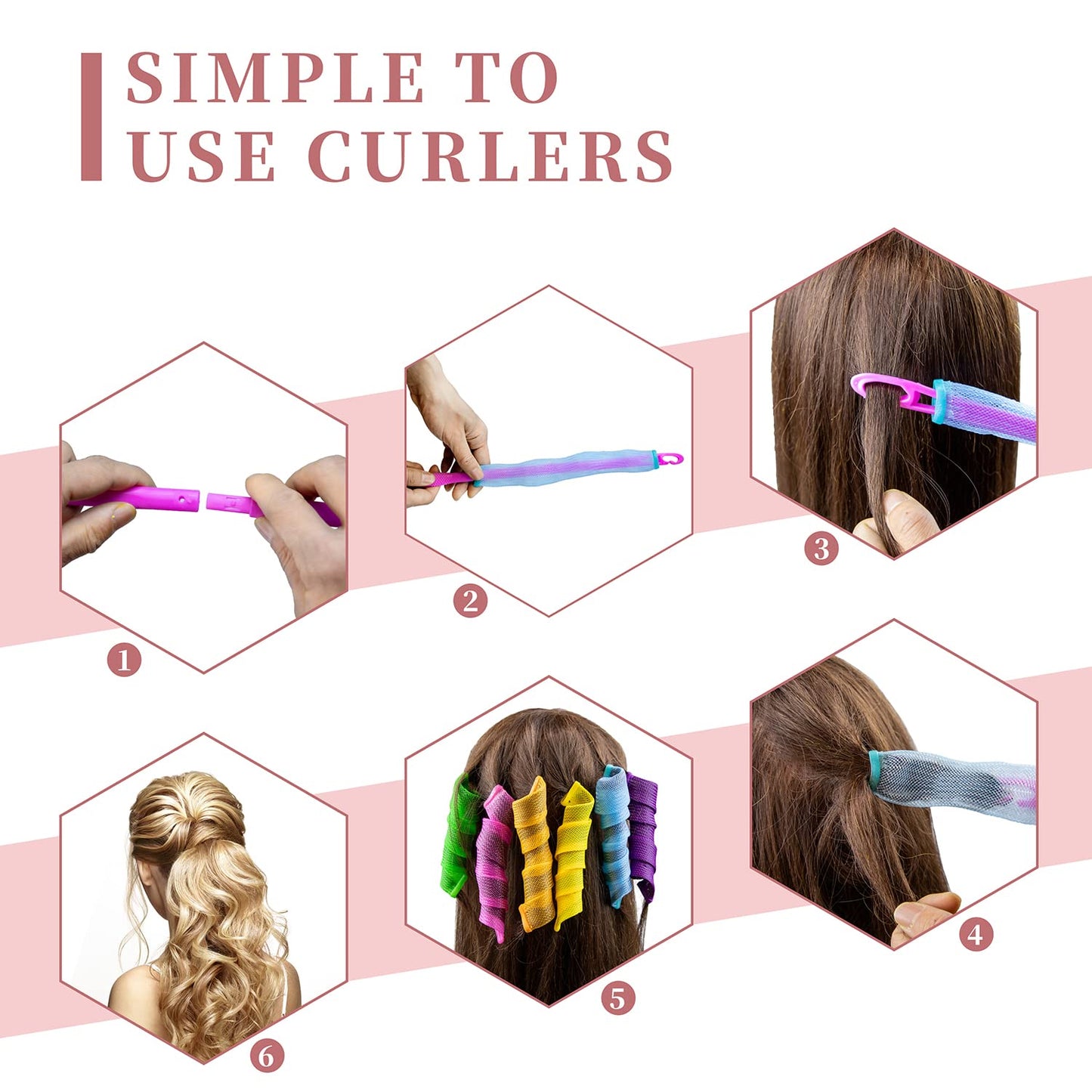 60pcs Heatless Hair Curlers Spiral and Wave Styling Kit 2 Styles No Heat Curlers with 2 Pieces Hooks for Women Girl's Short Medium and Long Hair((21.8 Inch/55 cm)