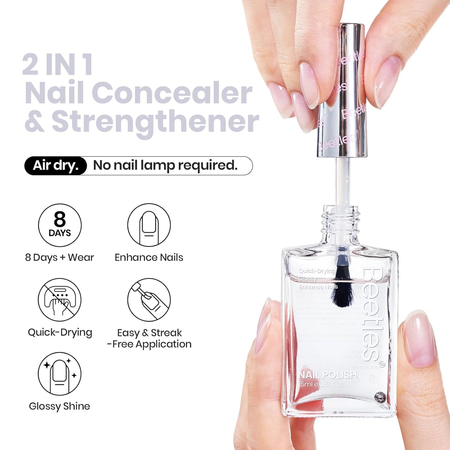 Beetles Nail Strengthener - Clear Nail Concealer Fast Air Dry Clear Air Dry Nail Growth for Damaged Uneven Nails Fingernail Polish Imperfection Masking for Sheer Shine DIY Manicure Salon Quality