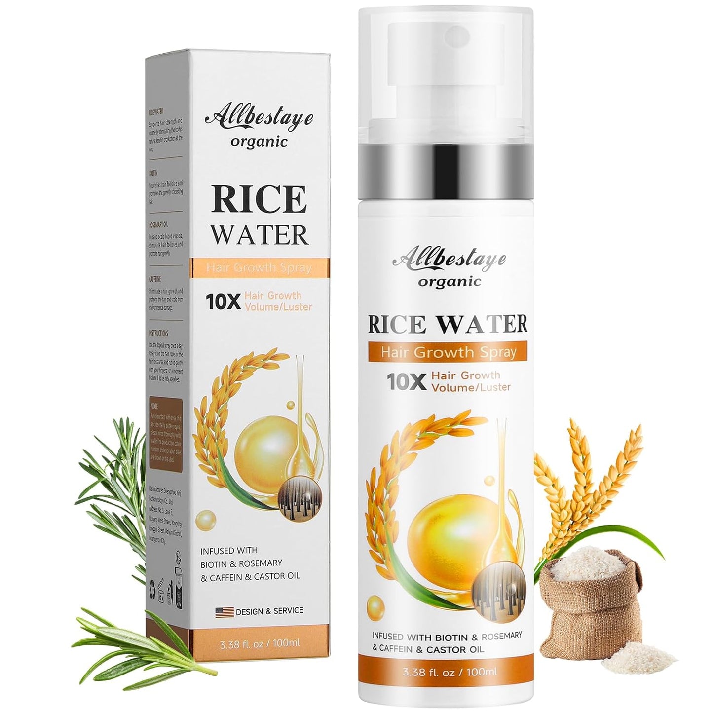 Rice Water Hair Growth Serum - Infused with Rosemary, Biotin, Caffeine, Non-Greasy Formula for Hair Loss, Damaged & Dry Hair, Thicker, Longer, Fuller Hair (3.38 OZ(Upgrade))