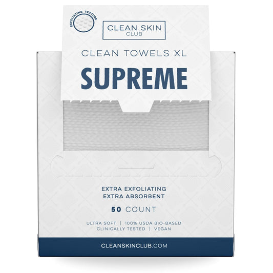 Clean Skin Club Clean Towels XL™ Supreme, 100% USDA Biobased Dermatologist Approved Face Towel, Gentle Exfoliation, Disposable Facial Washcloth, Makeup Remover Dry Wipes, 50 Count