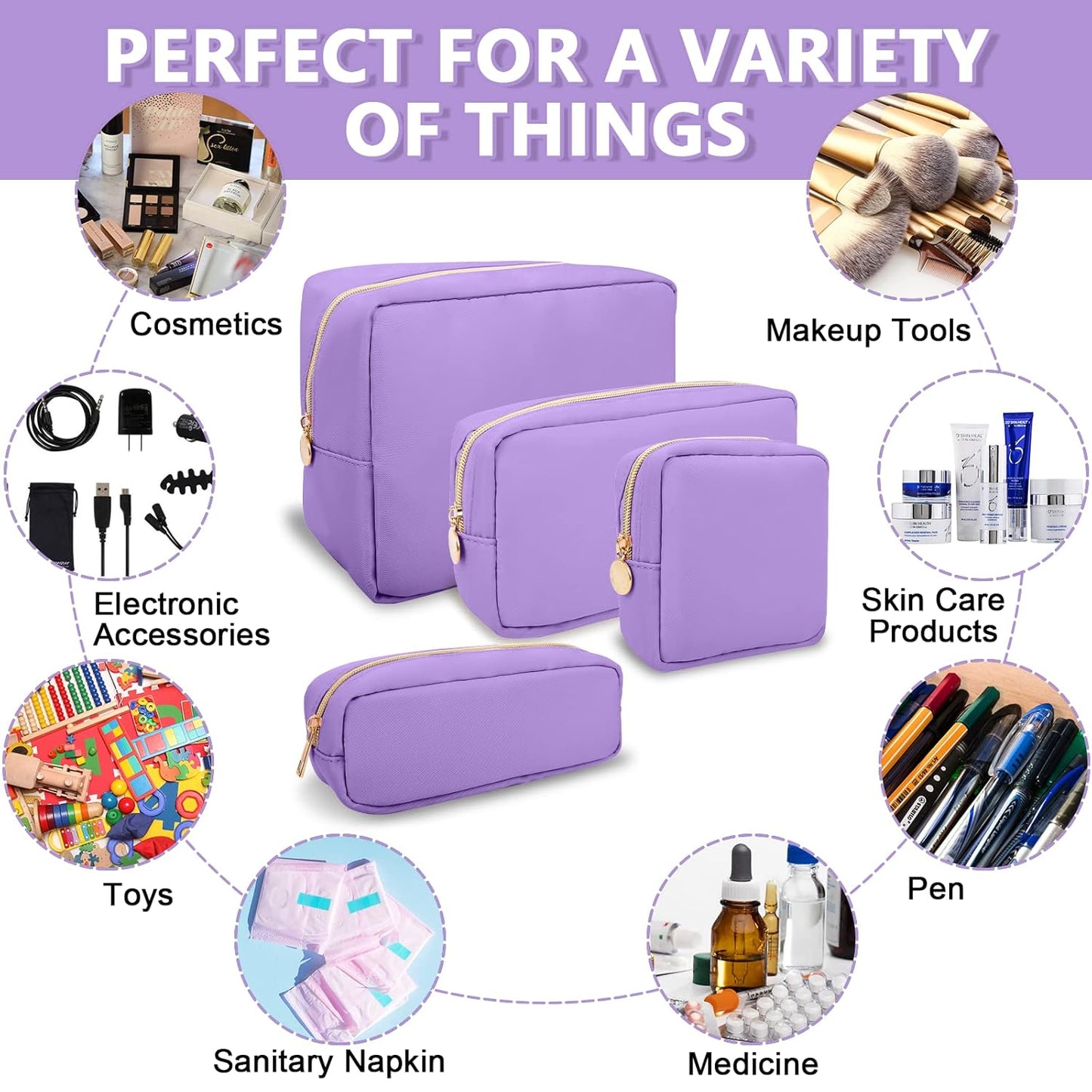 Small Makeup Bag Pouch for Purse, Nylon Travel Toiletry Storage Bag Cute Preppy Cosmetic Bag for Women Girls, Waterproof Makeup Organizer Bag Pouch Skincare Bag Purse with Zipper (Small-Grape)