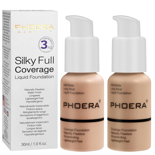 PHOERA Foundation, PHOERA Matte Liquid Foundation,PHOERA Makeup for Women, PHOERA Foundation Full Coverage Concealer, 30ml 24HR Matte Oil Control Concealer (103+104/Warm peach+Buff Beige)