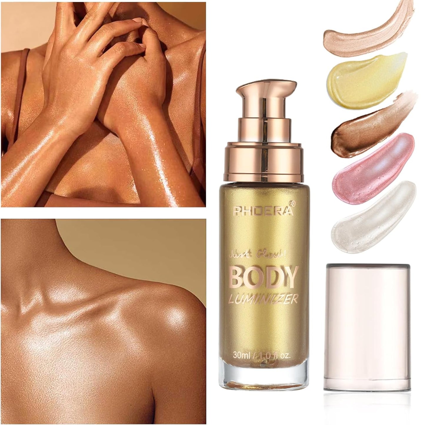 Body Shimmer Oil, Metallic Gold Natural Glow Luminizer, Long Lasting Waterproof Moisturizing Liquid Illuminator Highlighter Makeup for a Sun-Kissed Glow, Brush Include, 1oz, Light