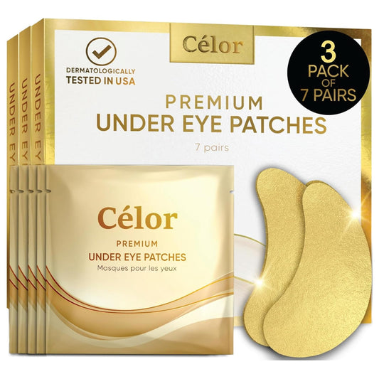 CÉLOR Under Eye Patches Premium - Golden Under Eye Mask Enriched with Hyaluronic Acid, Caffeine, Tea Tree & Collagen, Under Eye Patches for Puffy Eyes, Dark Circles and Puffiness (21 Pairs)